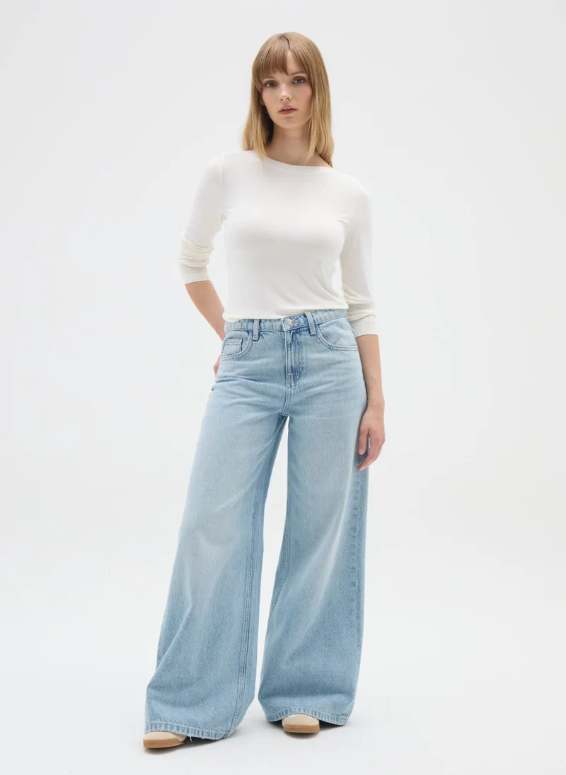 او في اس OVS Regular Fit Beige Stretch Viscose T-Shirt